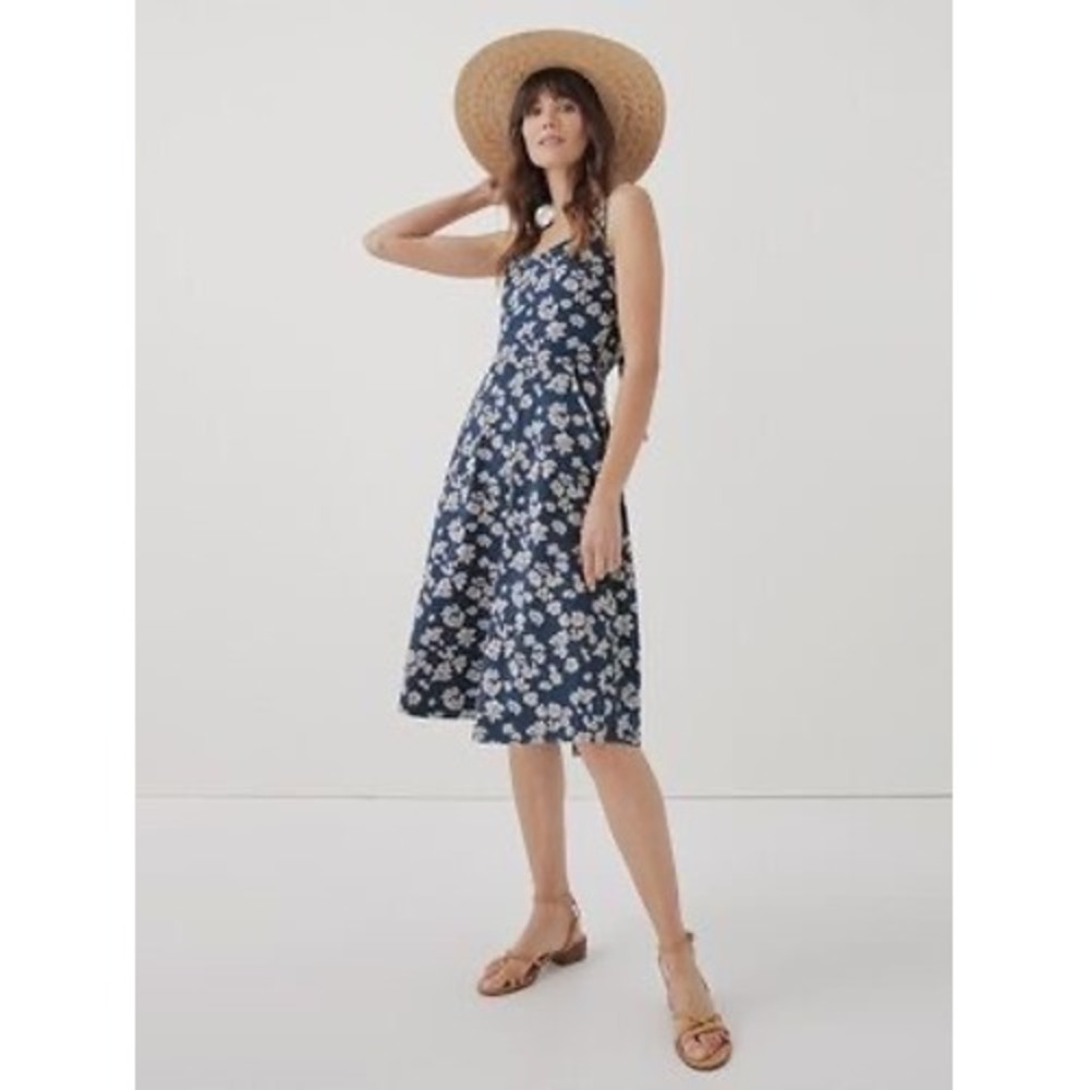 Pact Organic Cotton Floral Tie Back Fit and Flare Dress Navy Blue Large